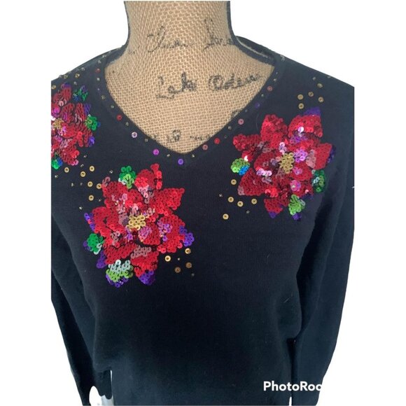 🍒 2/$20 🍒 Long Sleeve Black Holiday Sequin Sweater Small from Quaker Factory - Picture 2 of 4